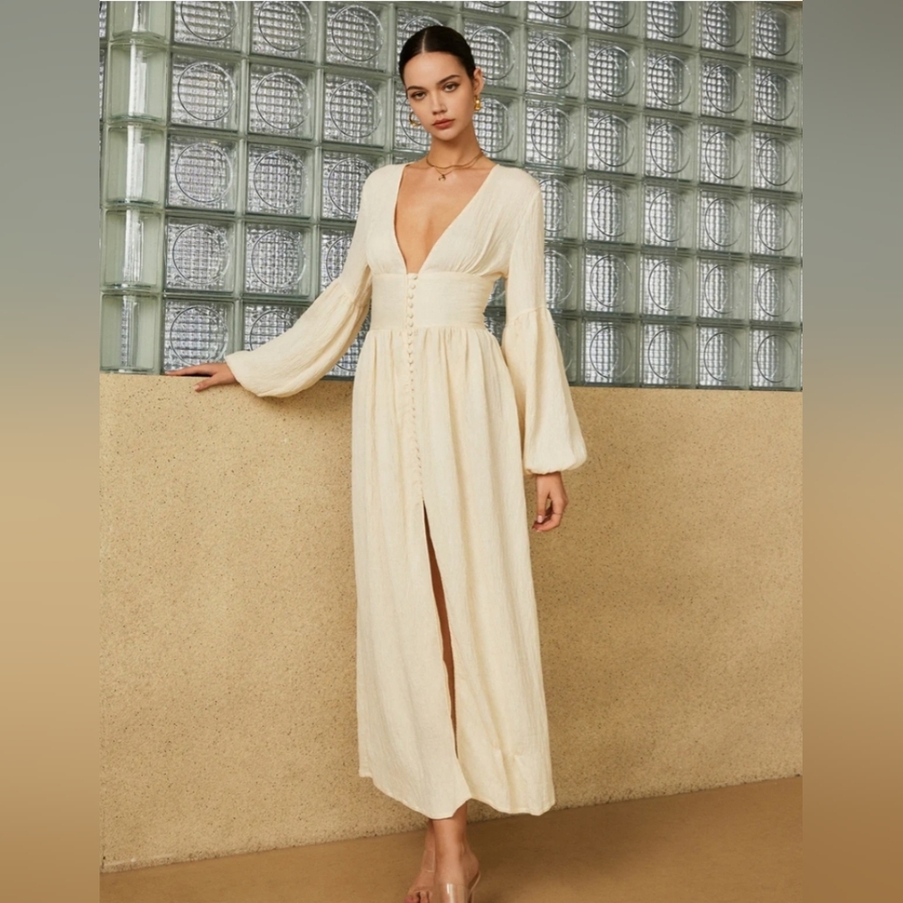 Commense Boho Lantern Sleeve Button-Front Long Split Dress
